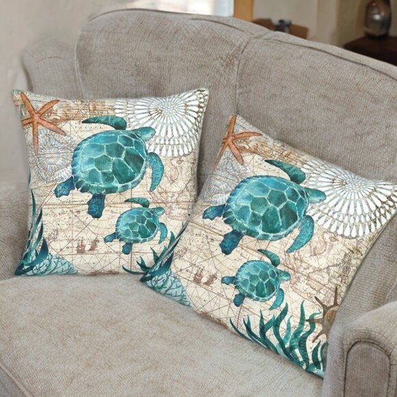 Beach Pillow Covers Soft Cases Set Cottage Decor Coastal Nautical Decoration 18" - Picture 6 of 8